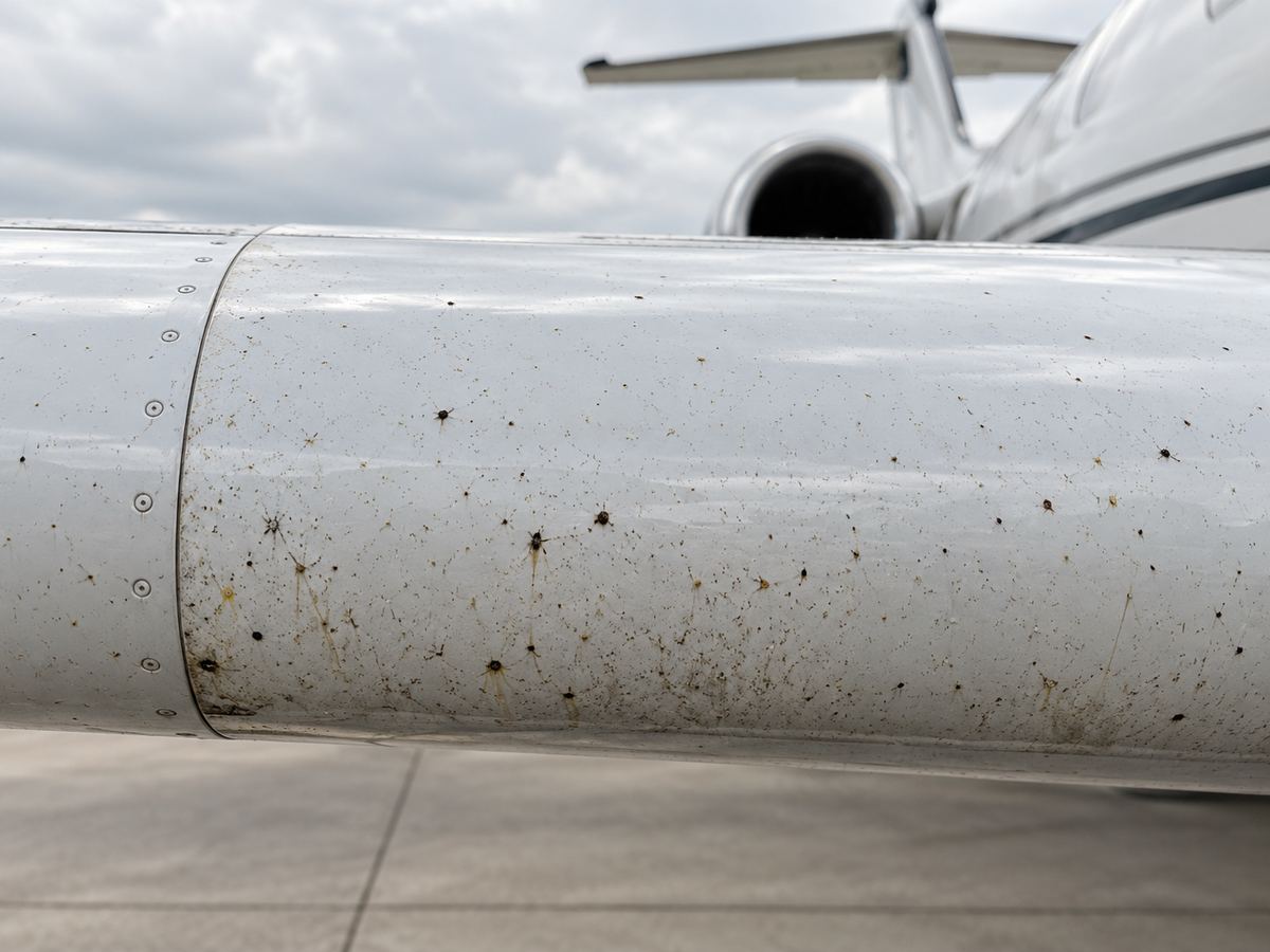 Wing leading edge covered in bug residue before detailing