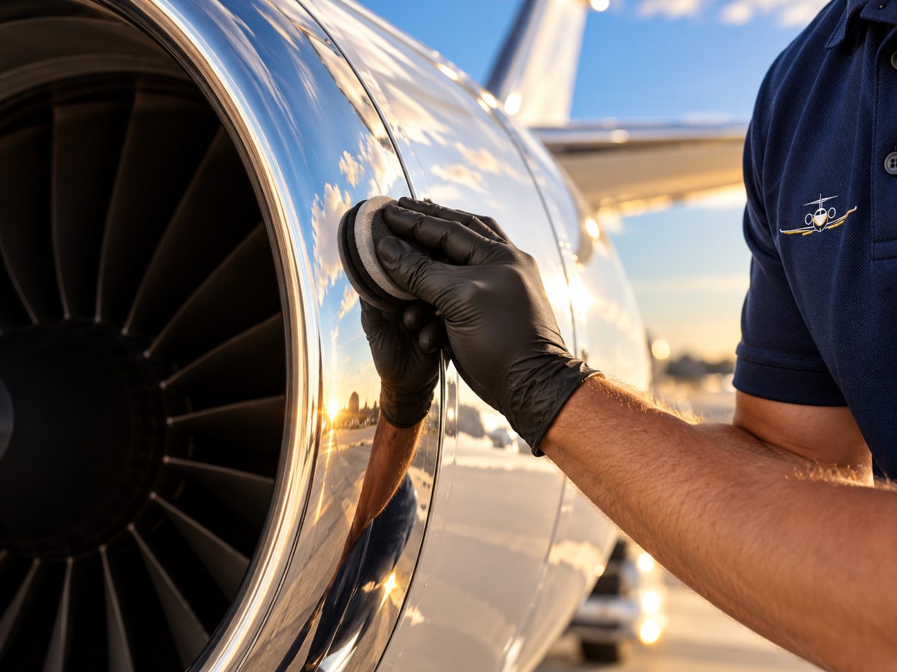 Gloved hand polishing a bare-metal engine inlet lip by hand