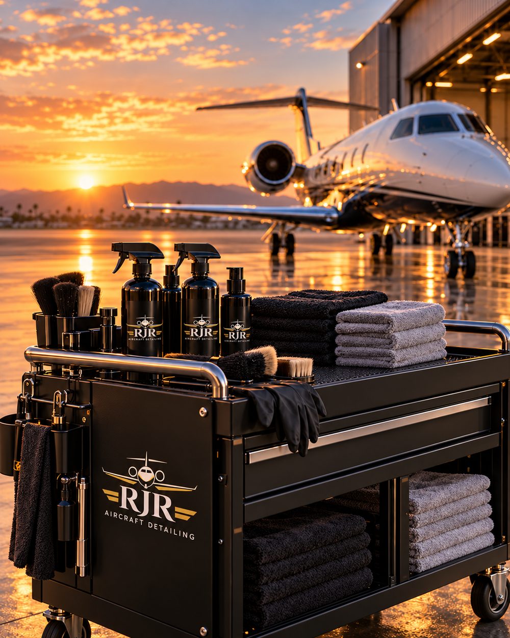 RJR Aircraft Detailing products and towels on a cart beside a jet
