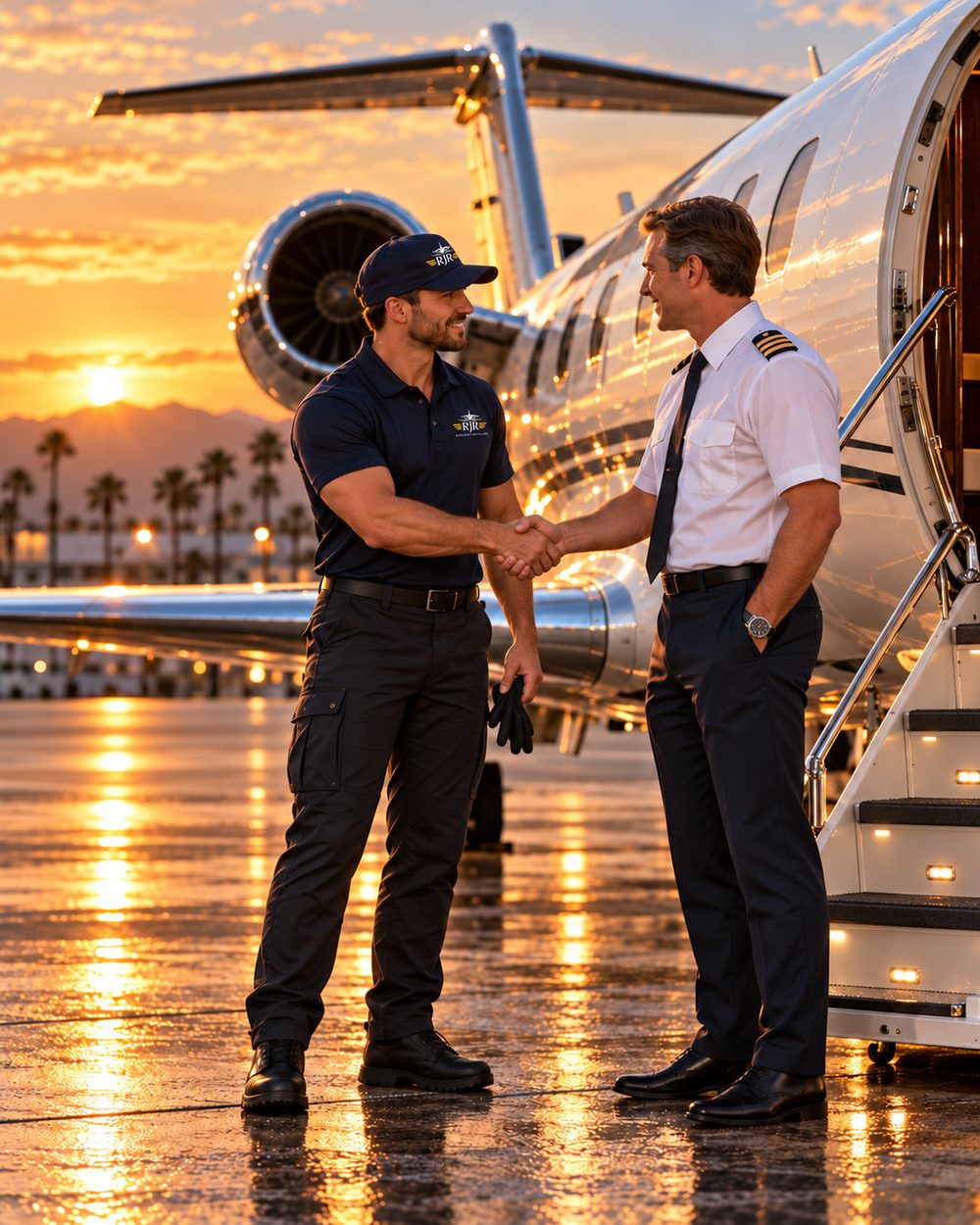 RJR Aircraft Detailing detailer shaking hands with a pilot beside a private jet