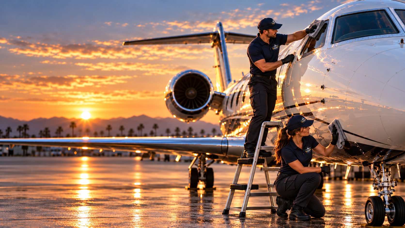 Two RJR Aircraft Detailing crew members detailing a private jet at sunset, one on a padded ladder