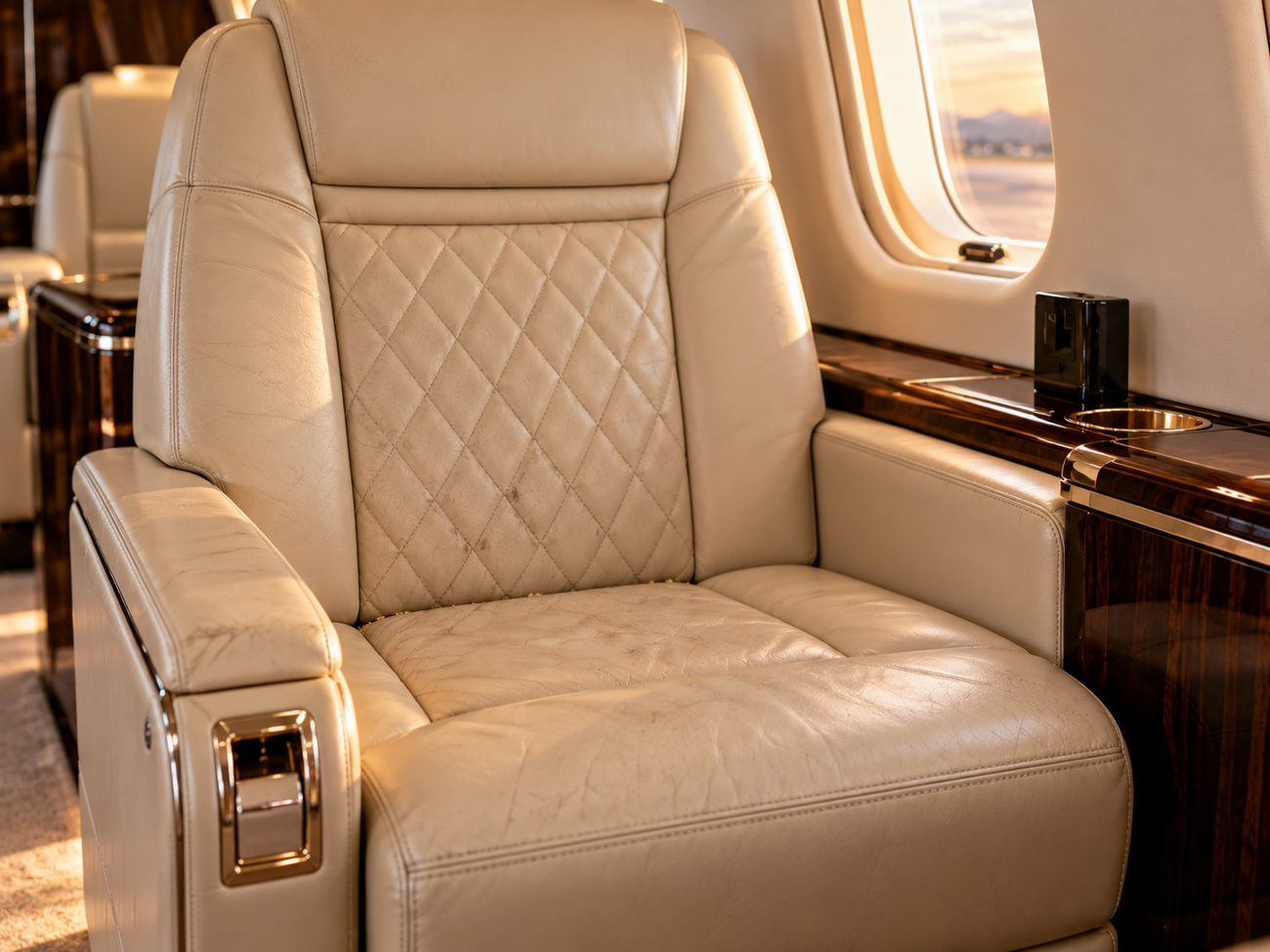 Cream leather cabin seat with scuffs and stains before detailing
